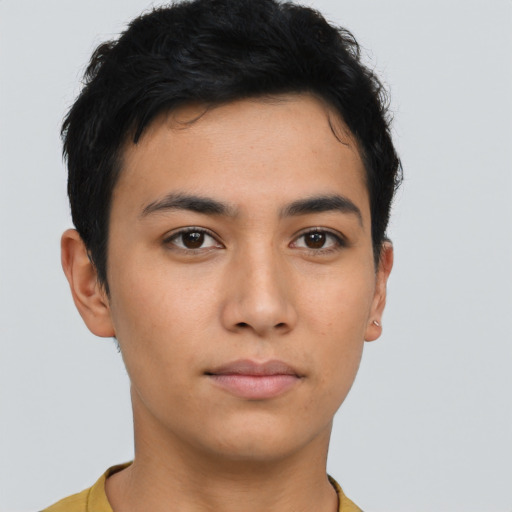 Neutral asian young-adult male with short  brown hair and brown eyes