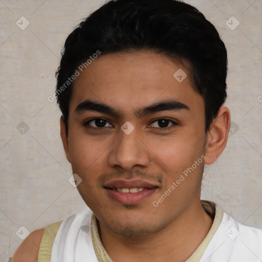 Joyful latino young-adult male with short  black hair and brown eyes