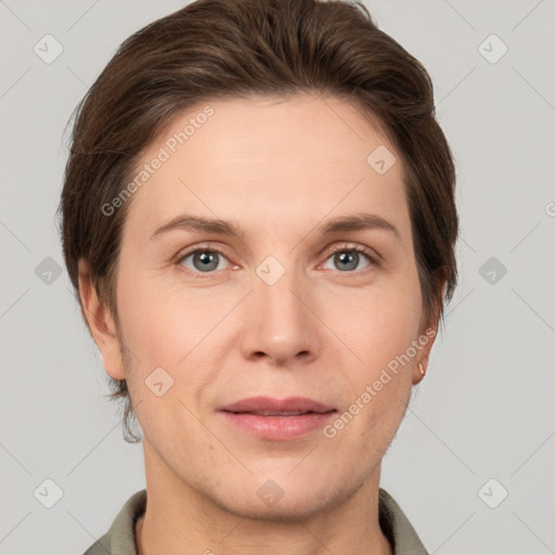 Joyful white adult female with short  brown hair and grey eyes