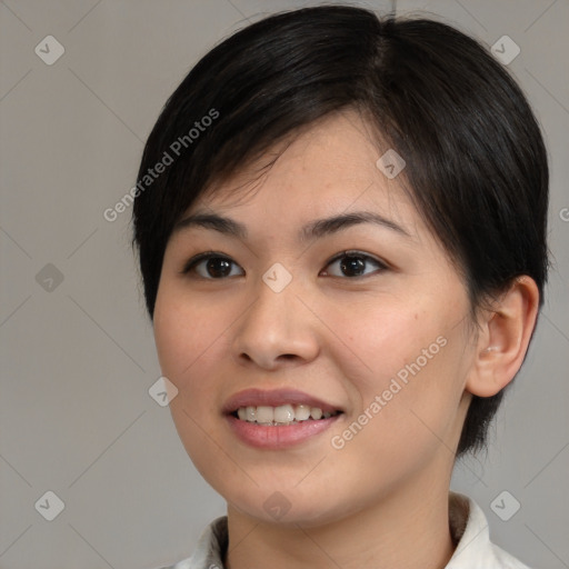 Joyful white young-adult female with medium  black hair and brown eyes