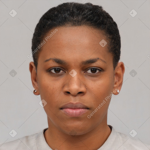 Neutral black young-adult female with short  black hair and brown eyes