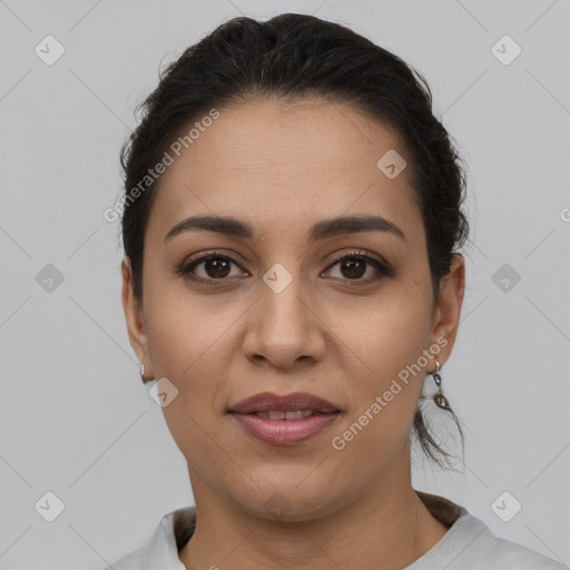 Joyful latino young-adult female with short  brown hair and brown eyes