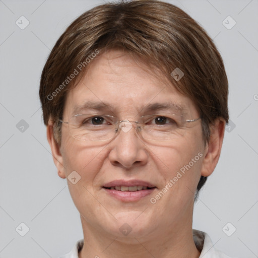 Joyful white adult female with short  brown hair and brown eyes