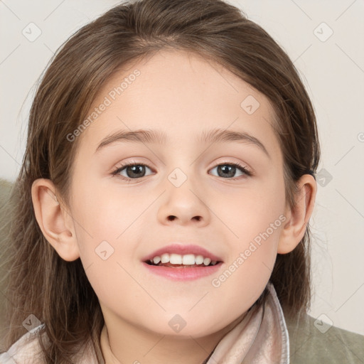 Joyful white child female with medium  brown hair and brown eyes