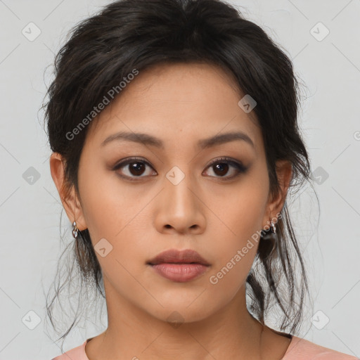 Neutral asian young-adult female with medium  brown hair and brown eyes