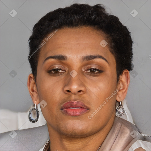 Neutral latino young-adult female with short  brown hair and brown eyes