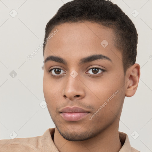 Neutral white young-adult male with short  brown hair and brown eyes