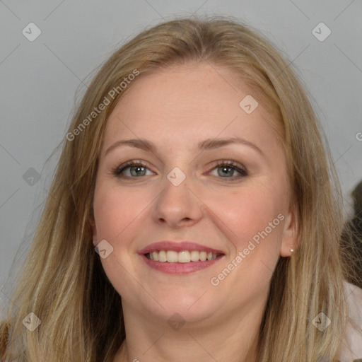 Joyful white young-adult female with long  brown hair and grey eyes