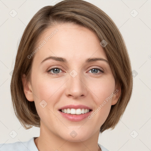 Joyful white young-adult female with medium  brown hair and green eyes