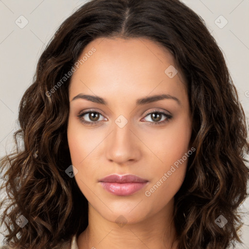 Neutral white young-adult female with long  brown hair and brown eyes