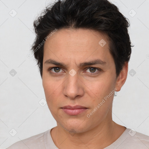 Neutral white adult female with short  brown hair and brown eyes