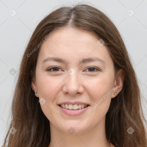 Joyful white young-adult female with long  brown hair and grey eyes