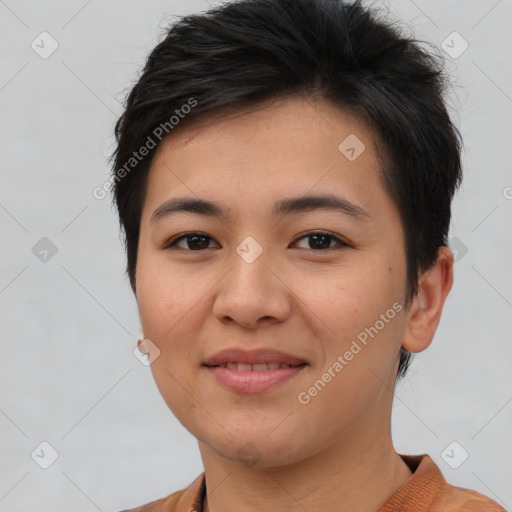 Joyful asian young-adult female with short  brown hair and brown eyes