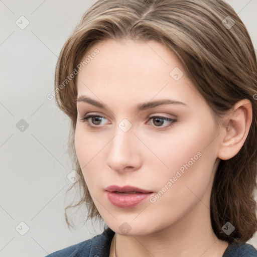 Neutral white young-adult female with medium  brown hair and grey eyes