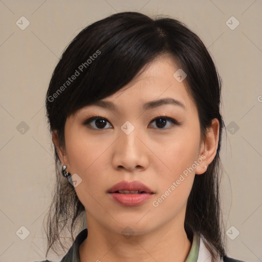 Neutral asian young-adult female with medium  black hair and brown eyes