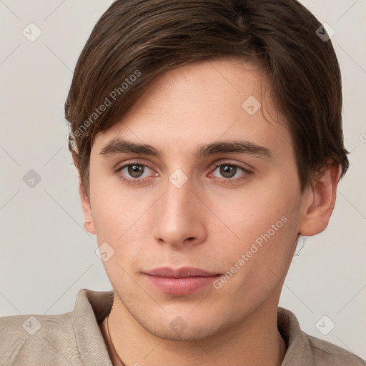 Neutral white young-adult male with short  brown hair and brown eyes