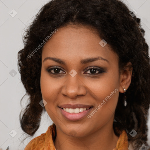 Joyful black young-adult female with medium  brown hair and brown eyes