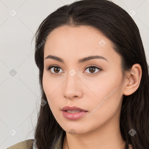 Neutral asian young-adult female with long  brown hair and brown eyes