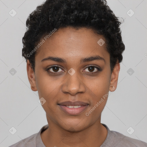 Joyful black young-adult female with short  black hair and brown eyes