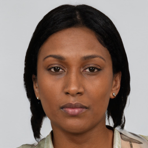 Neutral asian young-adult female with medium  black hair and brown eyes