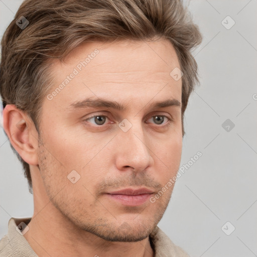 Neutral white young-adult male with short  brown hair and grey eyes