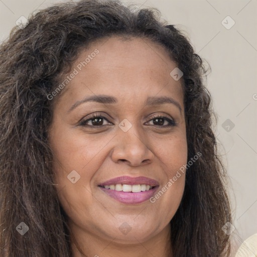 Joyful white adult female with long  brown hair and brown eyes