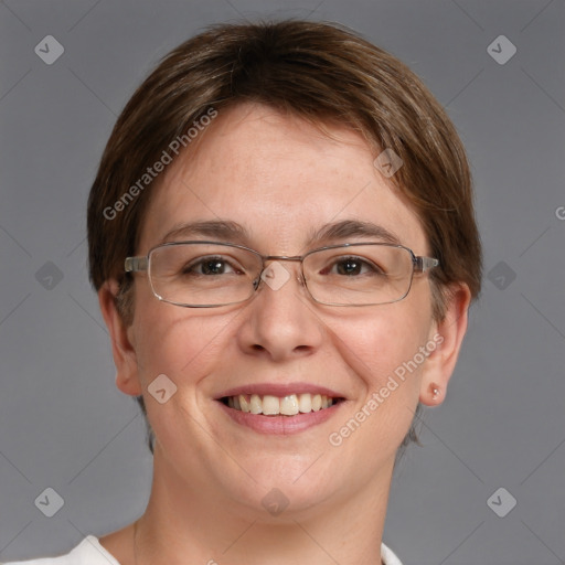 Joyful white adult female with short  brown hair and grey eyes