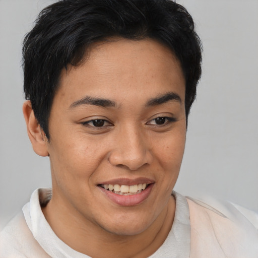 Joyful asian young-adult female with short  brown hair and brown eyes