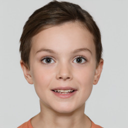 Joyful white child female with short  brown hair and brown eyes