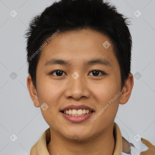 Joyful asian young-adult male with short  brown hair and brown eyes