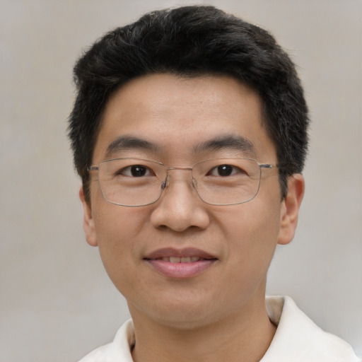 Joyful white adult male with short  black hair and brown eyes