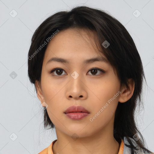 Neutral asian young-adult female with medium  black hair and brown eyes