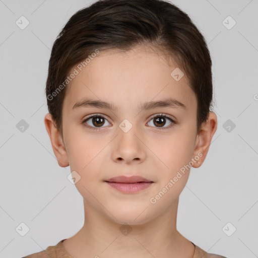 Joyful white child female with short  brown hair and brown eyes