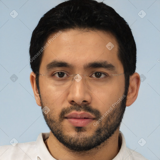 Neutral asian young-adult male with short  black hair and brown eyes