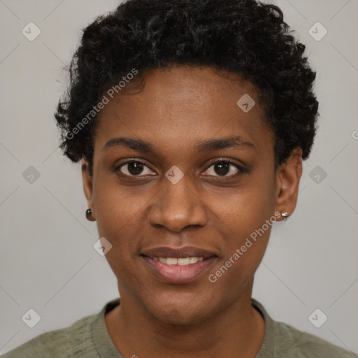 Joyful black young-adult female with short  black hair and brown eyes