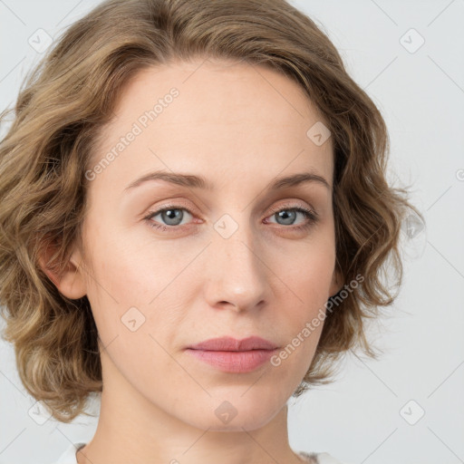 Neutral white young-adult female with medium  brown hair and green eyes