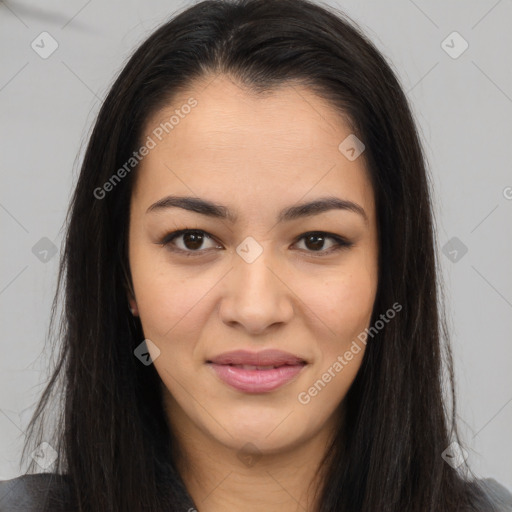 Joyful asian young-adult female with long  brown hair and brown eyes