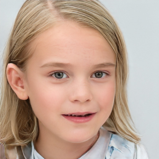 Joyful white child female with medium  brown hair and blue eyes