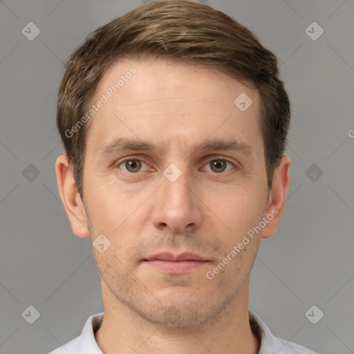 Neutral white adult male with short  brown hair and brown eyes