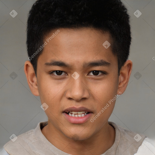 Joyful latino young-adult male with short  brown hair and brown eyes
