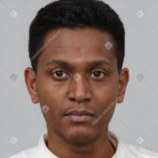 Neutral black young-adult male with short  black hair and brown eyes