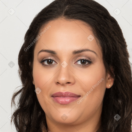 Joyful latino young-adult female with long  brown hair and brown eyes