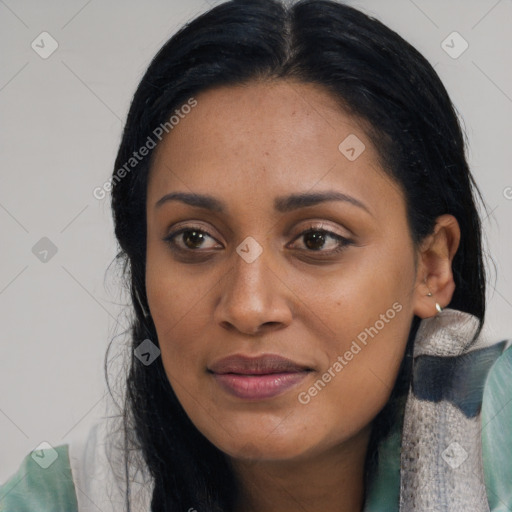 Joyful asian young-adult female with medium  black hair and brown eyes