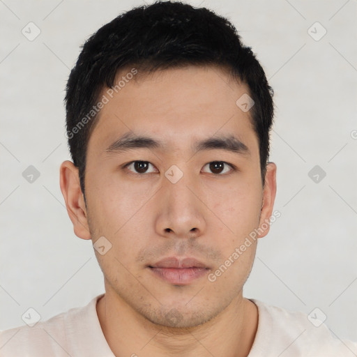 Neutral asian young-adult male with short  black hair and brown eyes