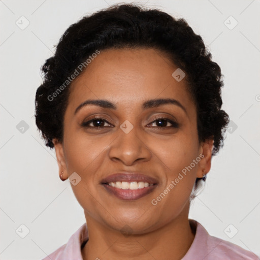 Joyful latino young-adult female with short  brown hair and brown eyes