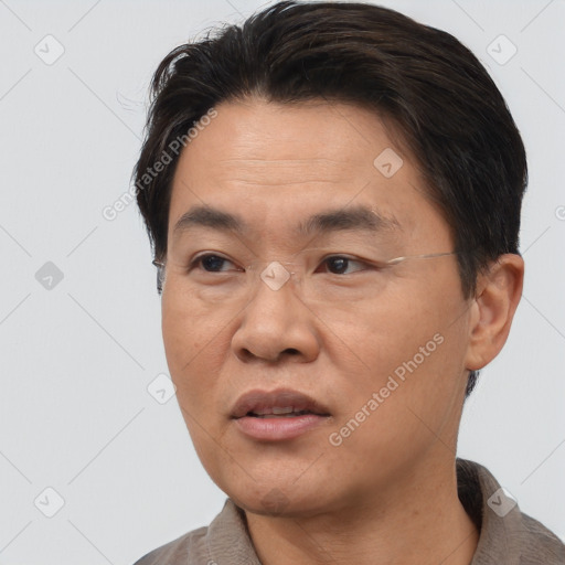 Joyful asian adult male with short  brown hair and brown eyes