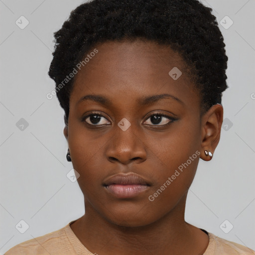 Neutral black young-adult female with short  black hair and brown eyes