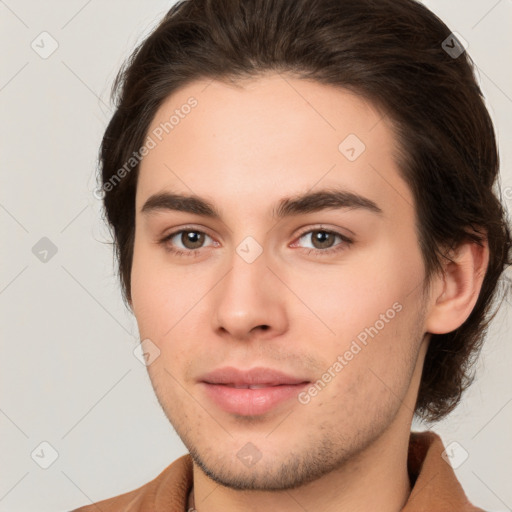 Neutral white young-adult male with short  brown hair and brown eyes