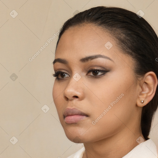 Neutral white young-adult female with medium  brown hair and brown eyes