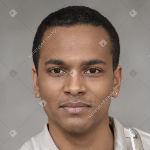 Neutral latino young-adult male with short  black hair and brown eyes